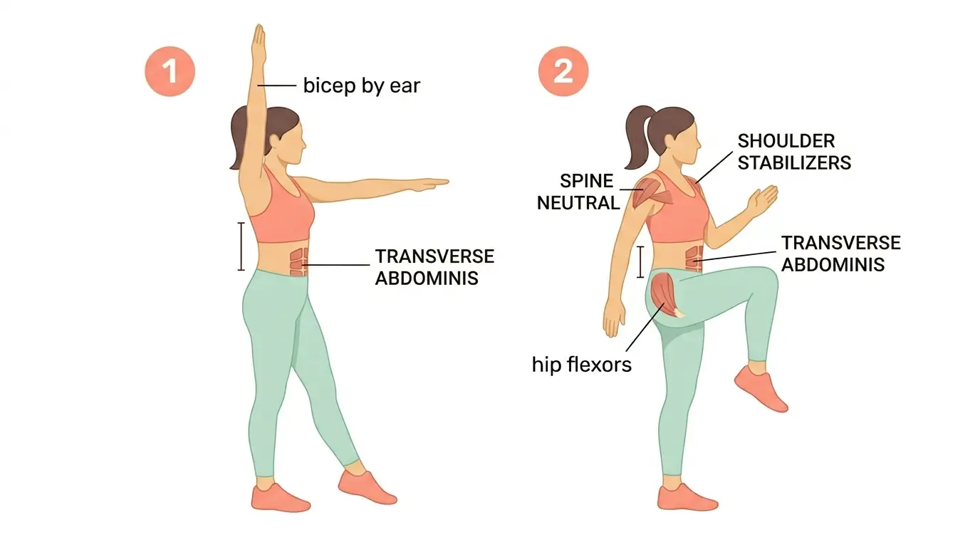 Two-stage illustration of a woman performing a standing dead bug showing the transition from extended position to knee raise with arm lower, with transverse abdominis, hip flexors, and shoulder stabilizers highlighted