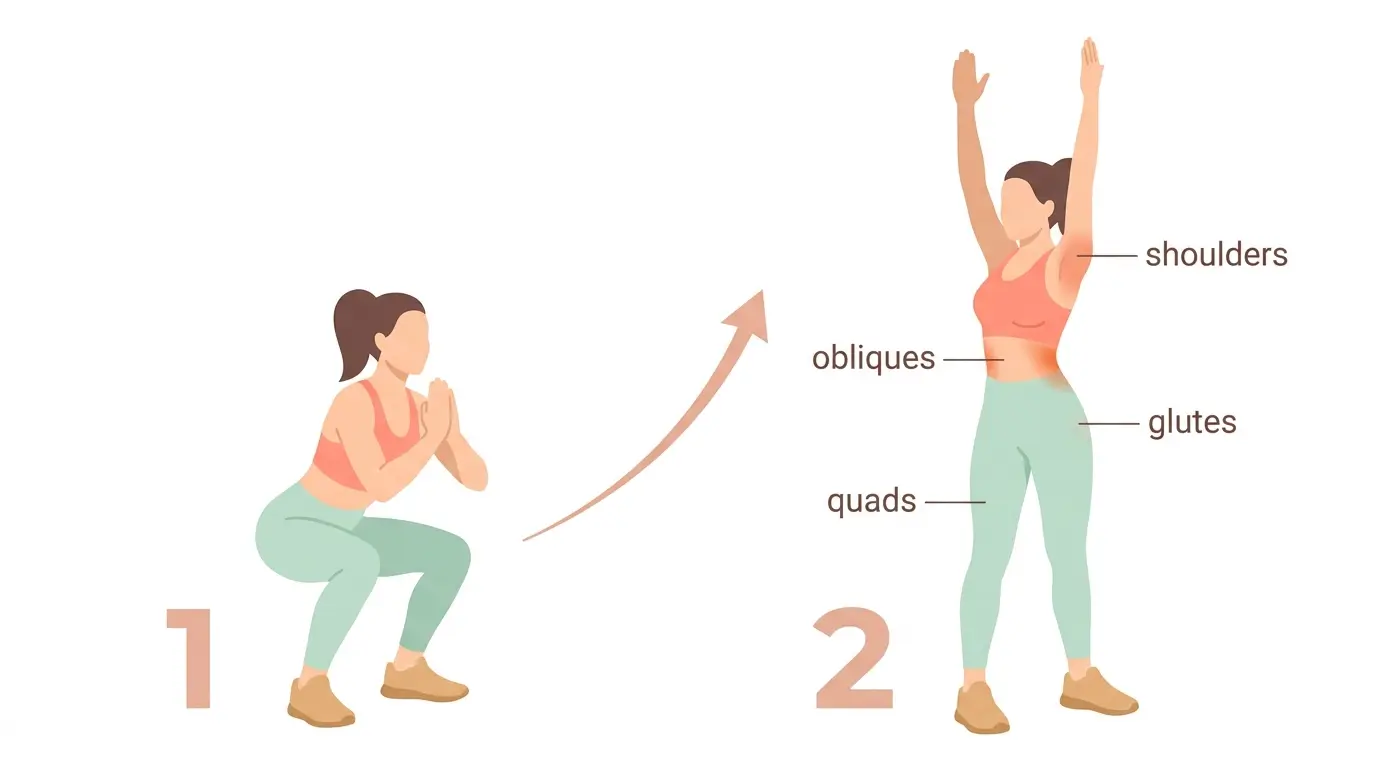 Two-stage illustration of a woman performing a squat to twist press showing deep squat transitioning to standing twist with arms overhead, with obliques, quads, glutes, and shoulders highlighted