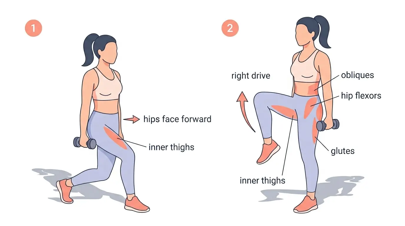 Two-stage illustration of a woman performing a curtsy lunge to knee drive showing the diagonal lunge transitioning to lateral knee raise with inner thighs, obliques, hip flexors, and glutes highlighted