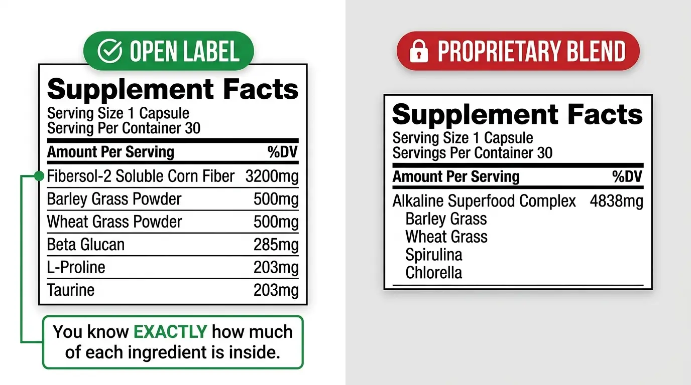 Side-by-side comparison of SuperDay open label showing individual ingredient dosages versus AG1 proprietary blend label hiding individual amounts