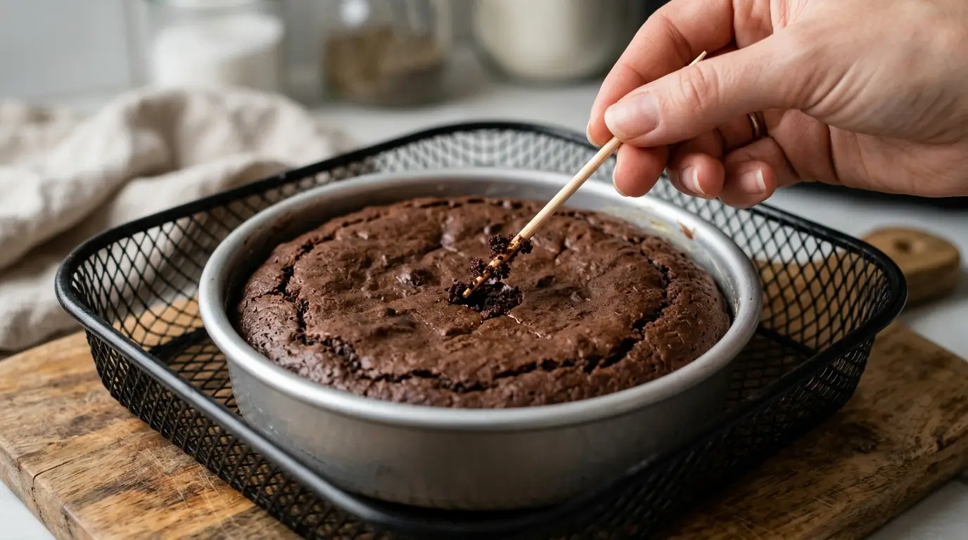 Close-up of wooden toothpick inserted into brownie center