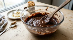 Thick dark brown banana peanut butter cacao brownie batter in a glass mixing bowl