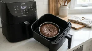 A 6-inch pan of banana brownies baking inside an air fryer basket
