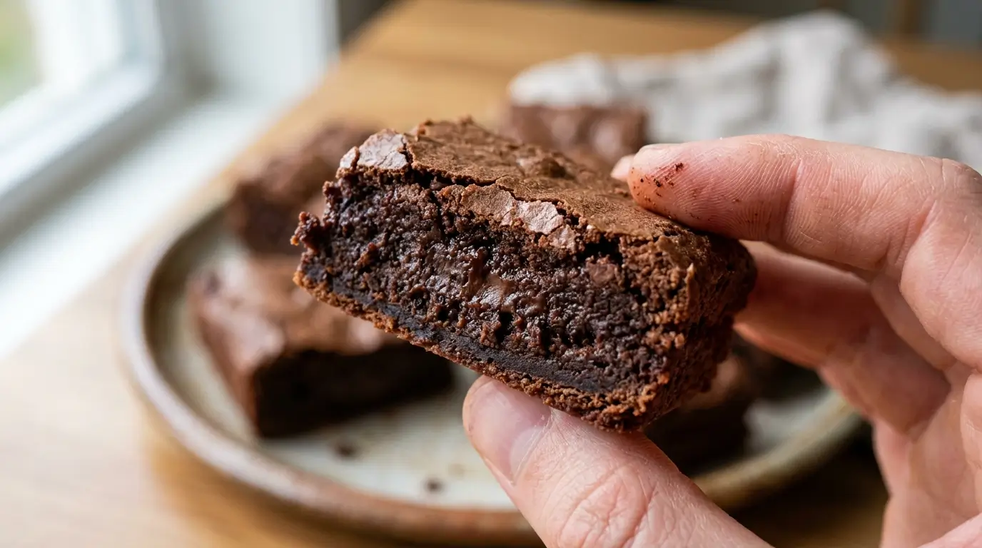 Close-up cross-section of a fudgy 3 ingredient banana brownie showing dense moist interior