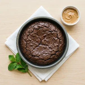 3 ingredient banana peanut butter brownies in a round pan fresh from the air fryer