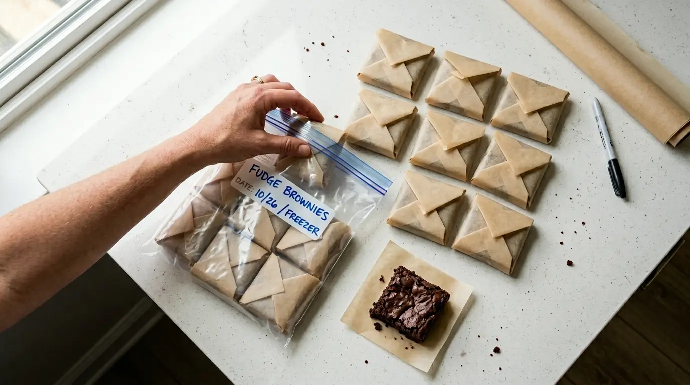 Wrapped individual brownie portions in parchment paper, placed them in a freezer-safe bag.