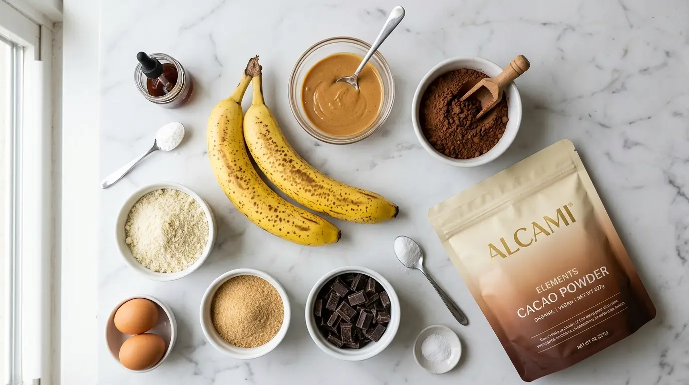 Three ingredients for air fryer brownies: ripe bananas, peanut butter, and Alcami Cacao powder