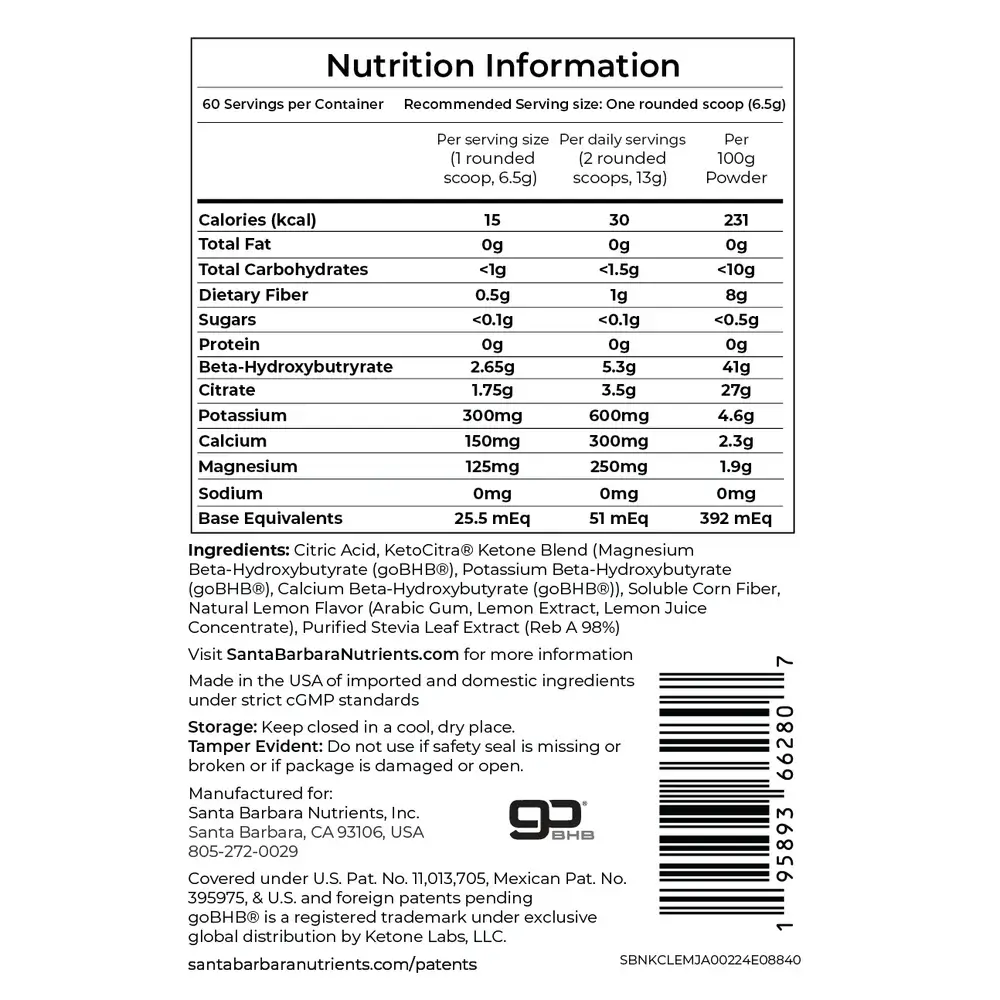 KetoCitra nutritional label