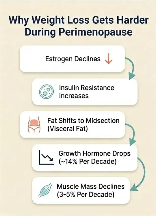 Infographic showing five hormonal changes during perimenopause that make weight loss harder, including estrogen decline, insulin resistance, visceral fat accumulation, growth hormone reduction, and muscle loss