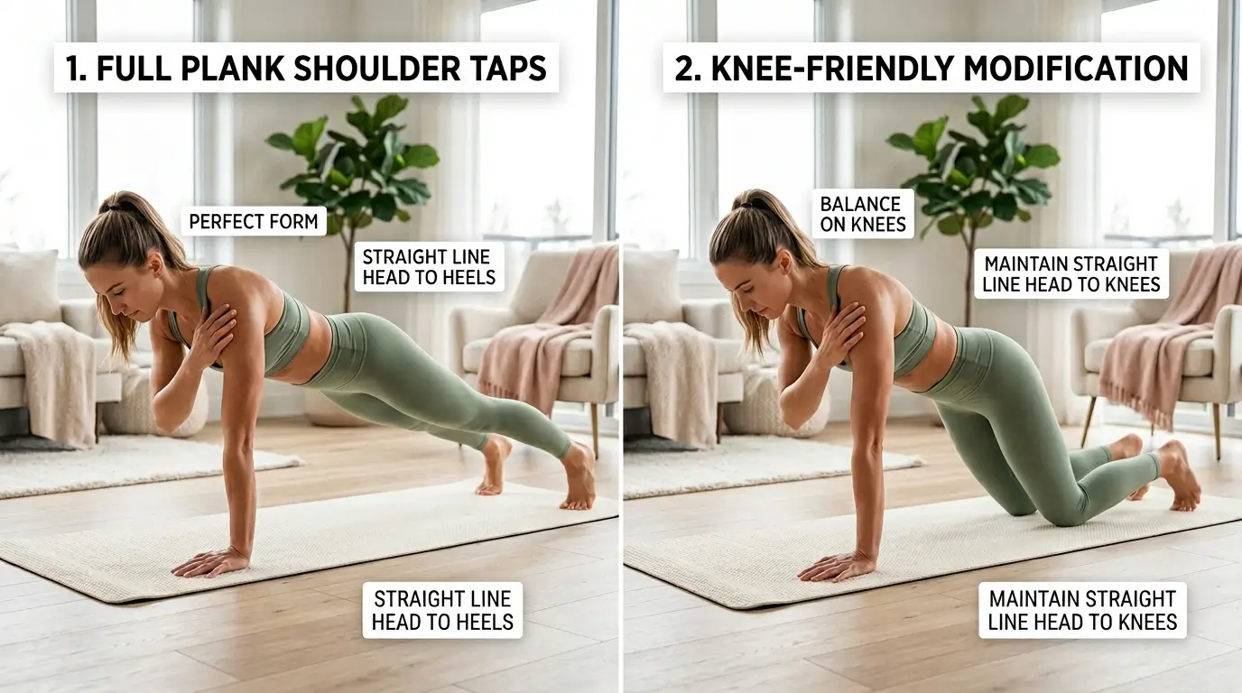 Woman demonstrating proper form for a standard high plank shoulder tap and a knee-friendly modified shoulder tap in a bright, minimalist living room.