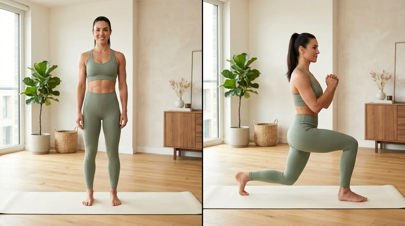 Woman demonstrating the starting position and the deep bottom hold of a reverse lunge exercise in a bright, minimalist living room.
