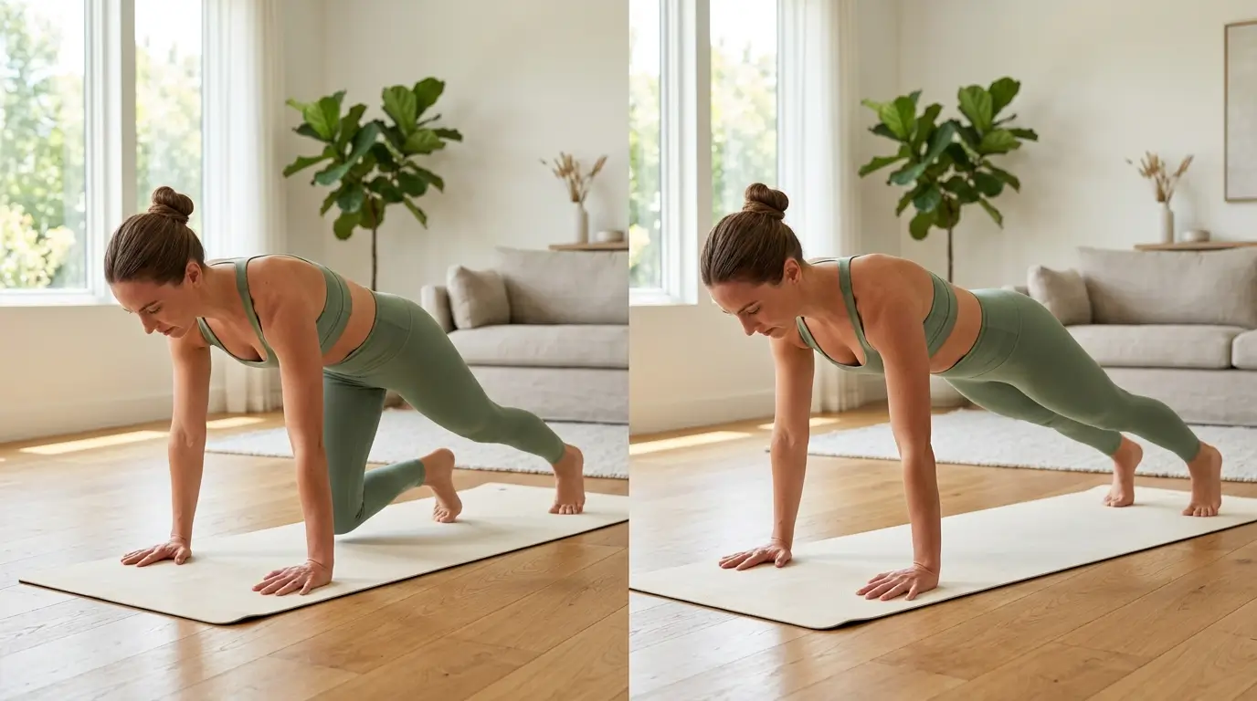 Woman demonstrating the step-back motion and the strong plank hold of a low-impact modified burpee on a yoga mat in a minimalist living room.