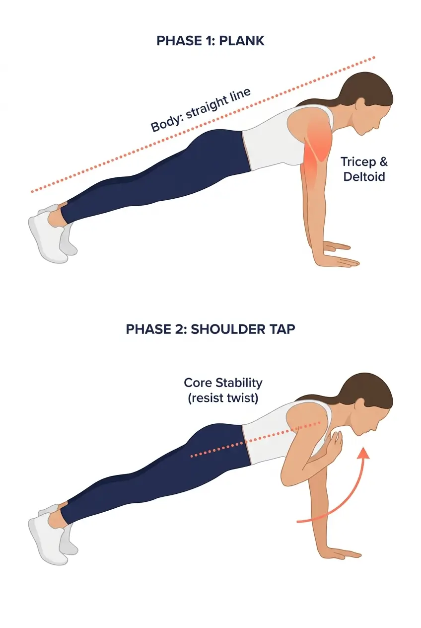 Plank with shoulder tap exercise infographic for women showing top-down view with hip stability cue