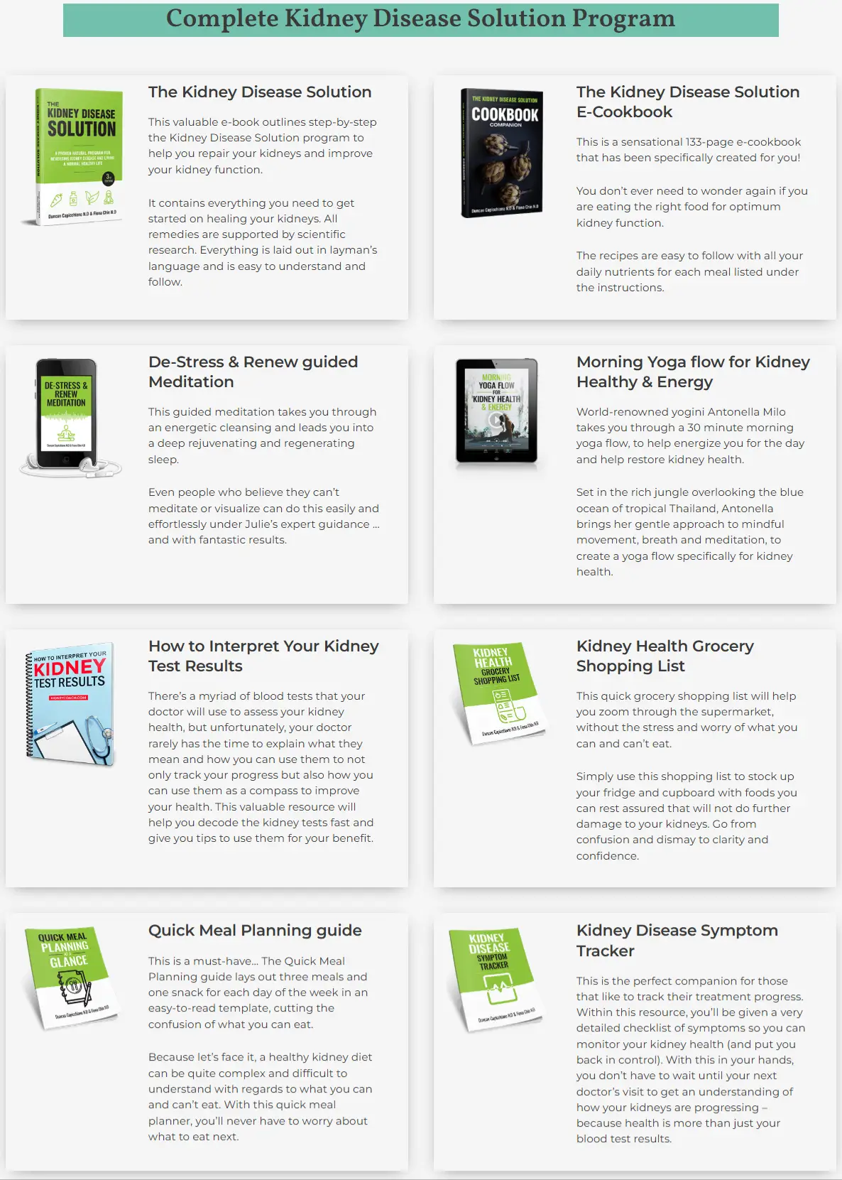 The Kidney Disease Solution program contents — digital guides, meal plans, and bonus materials