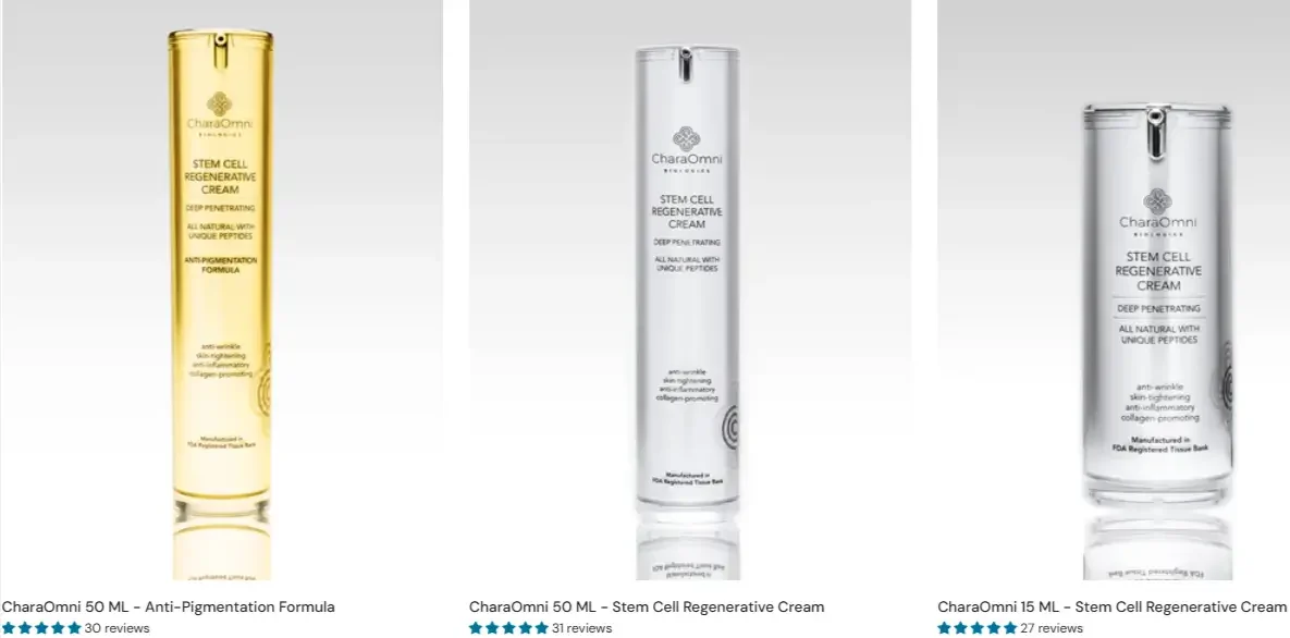 CharaOmni product lineup showing 15 ML and 50 ML Stem Cell Regenerative Cream and Anti-Pigmentation Formula