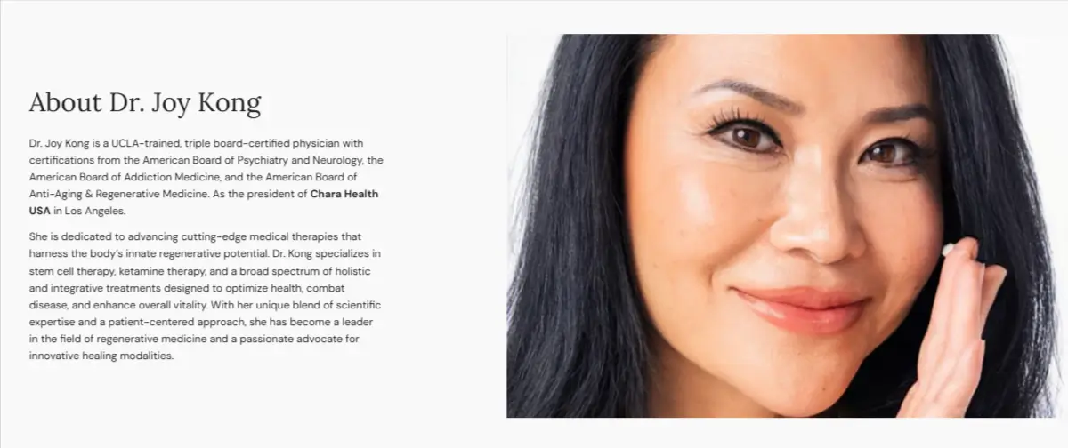 Dr. Joy Kong, founder of CharaOmni and Chara Biologics, as shown on the CharaOmni about page