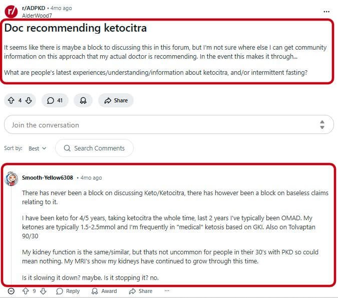 Reddit ADPKD community discussion about KetoCitra with real user experiences and doctor recommendations