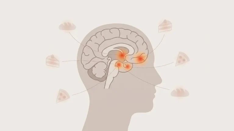 Illustration of a human brain highlighting reward regions activated by food cues, representing the concept of food noise.