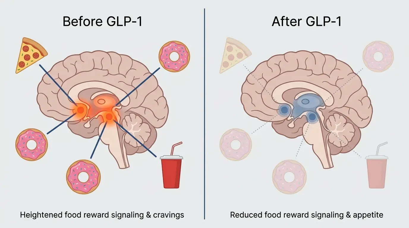 Side-by-side comparison of brain reward activity before and after GLP-1 medication, showing reduced food cue response.