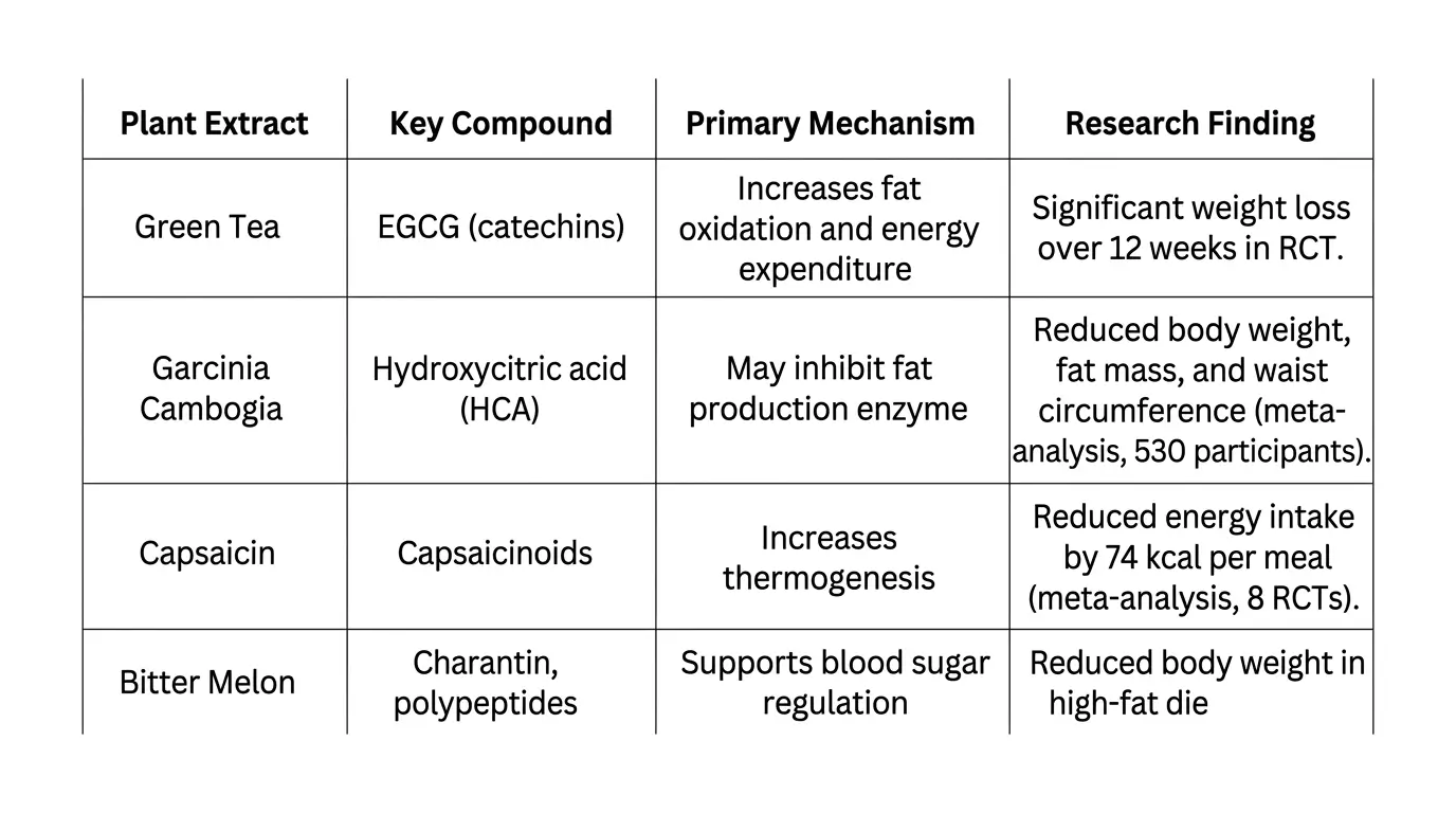 Comparison table of four plant extracts for weight management showing green tea, Garcinia cambogia, capsaicin, and bitter melon with their key compounds, mechanisms, and research findings