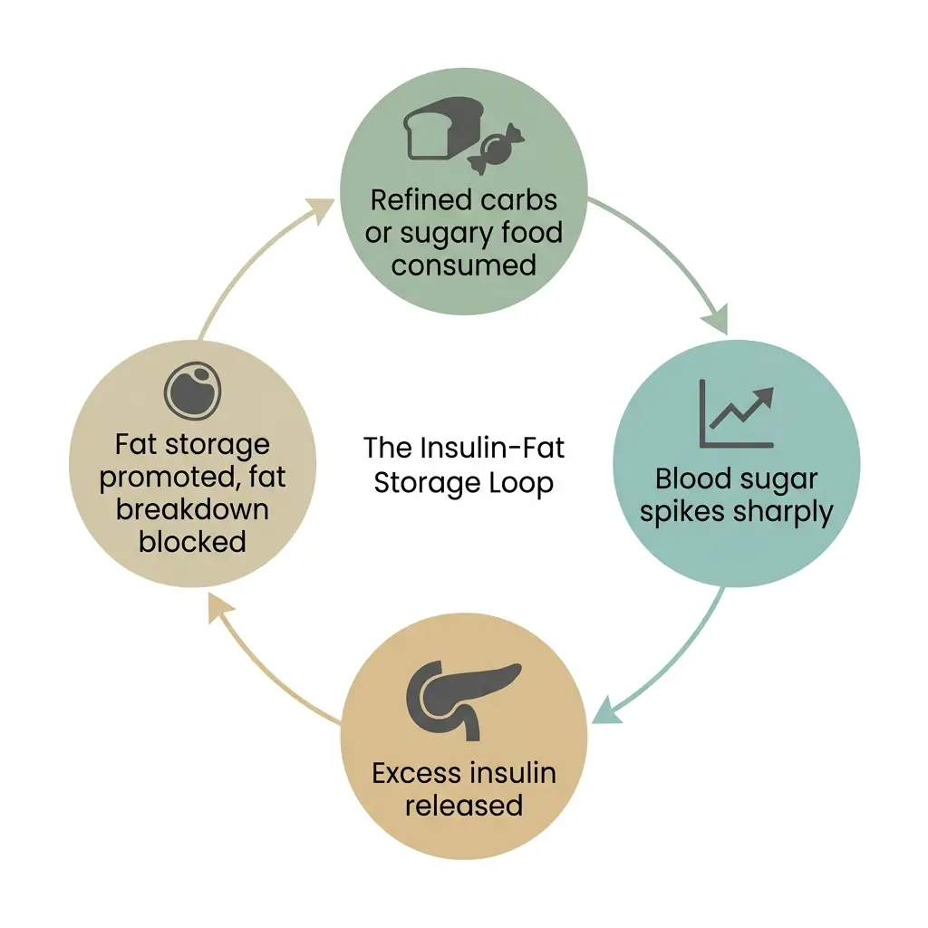 Cycle diagram showing how refined carbs spike blood sugar, trigger excess insulin release, and promote fat storage in a repeating loop