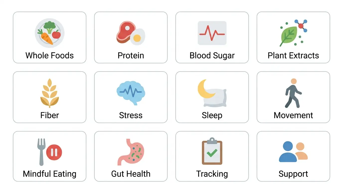 Grid infographic showing 12 evidence-based natural weight management strategies including whole foods, protein, blood sugar, plant extracts, fiber, stress, sleep, movement, mindful eating, gut health, tracking, and support