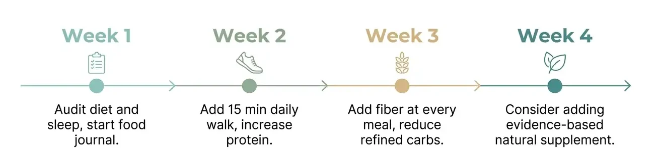 Four-week horizontal timeline showing a step by step natural weight management action plan from auditing habits in week one to adding supplements in week four