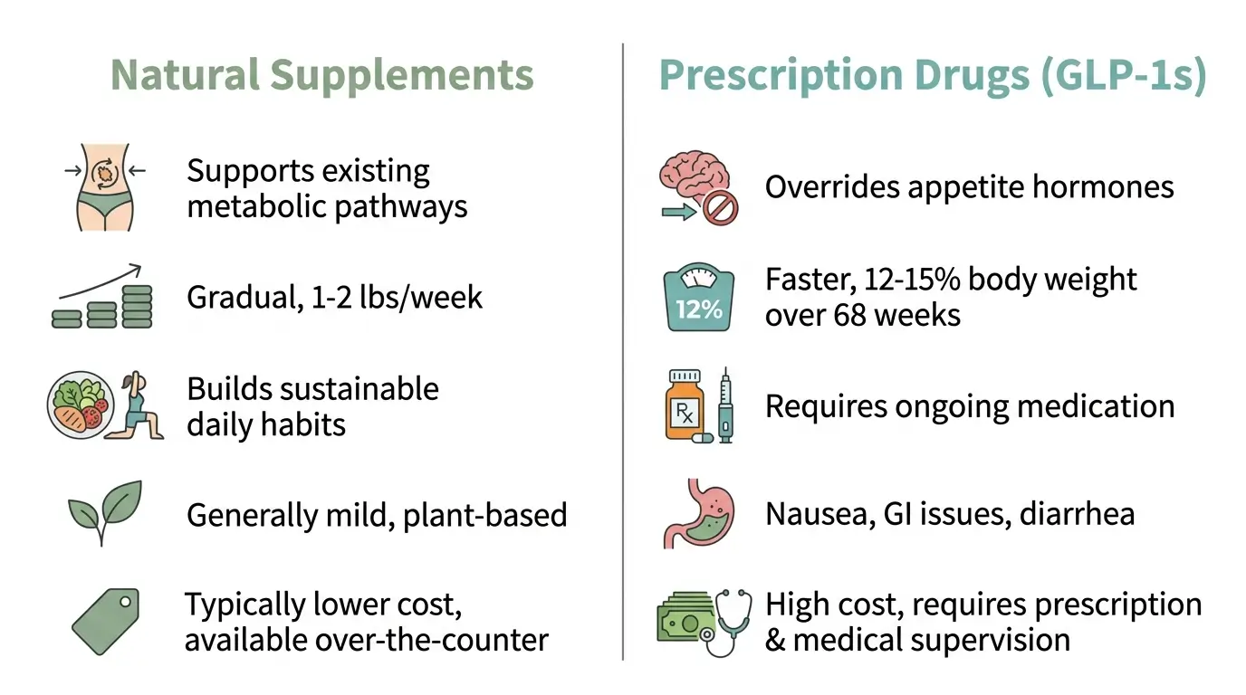 Side by side comparison of natural weight management supplements versus GLP-1 prescription drugs showing differences in mechanism, speed, approach, side effects, and best use cases