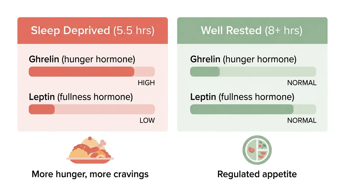 Split panel comparison showing how sleep deprivation raises ghrelin and lowers leptin versus how adequate sleep normalizes both hunger hormones