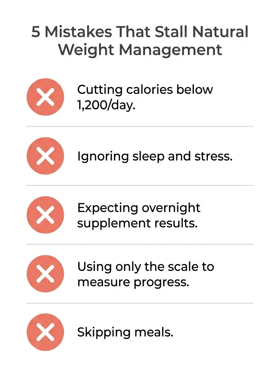 Vertical list infographic showing five common mistakes that stall natural weight management including cutting calories too low, ignoring sleep, expecting overnight results, relying only on the scale, and skipping meals