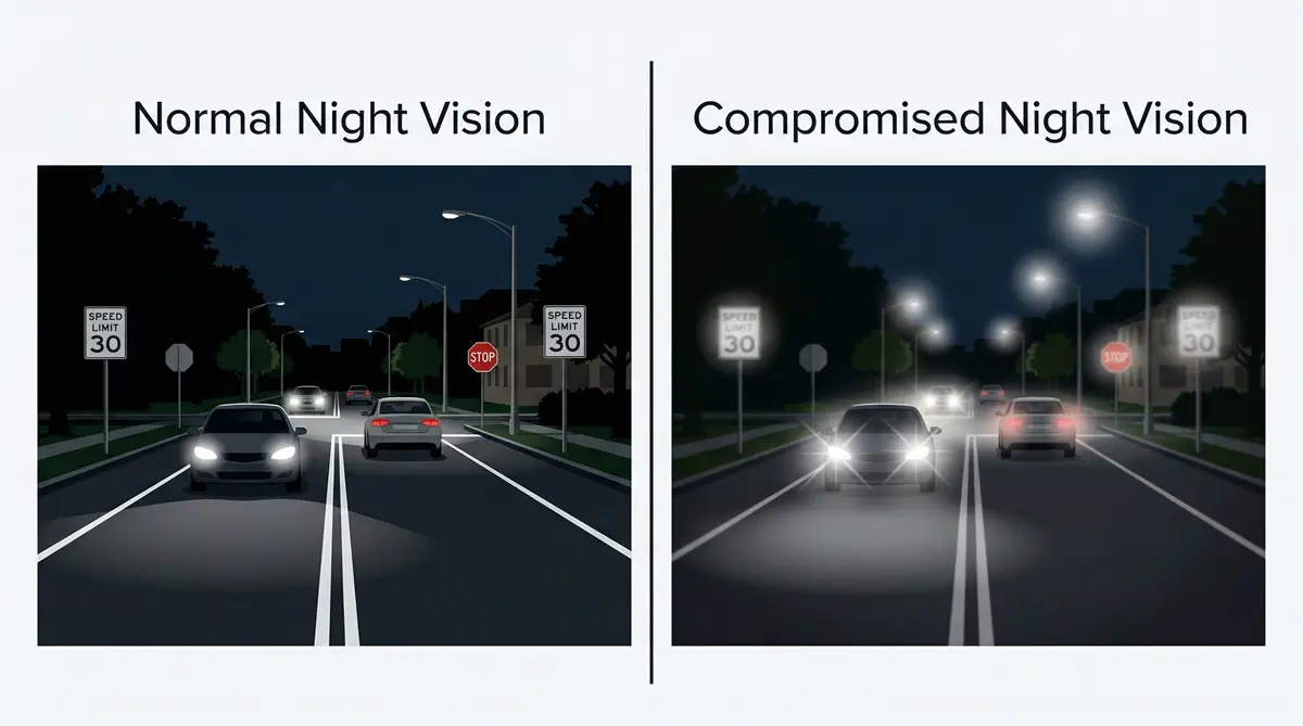 Side by side comparison of normal night vision with clear road signs versus compromised night vision with halos and blurred text