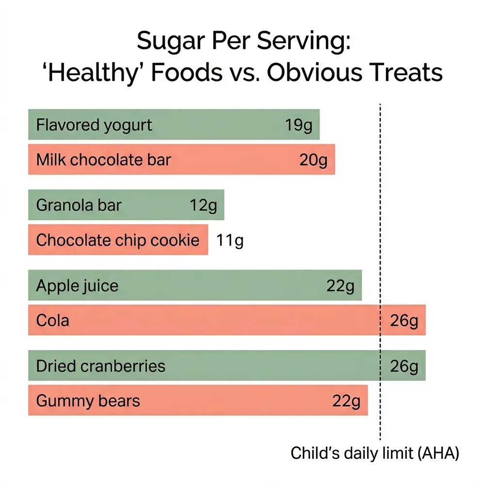 Bar chart comparing sugar content per serving of healthy foods like flavored yogurt, granola bars, and juice boxes against obvious treats like chocolate bars, cookies, and soda