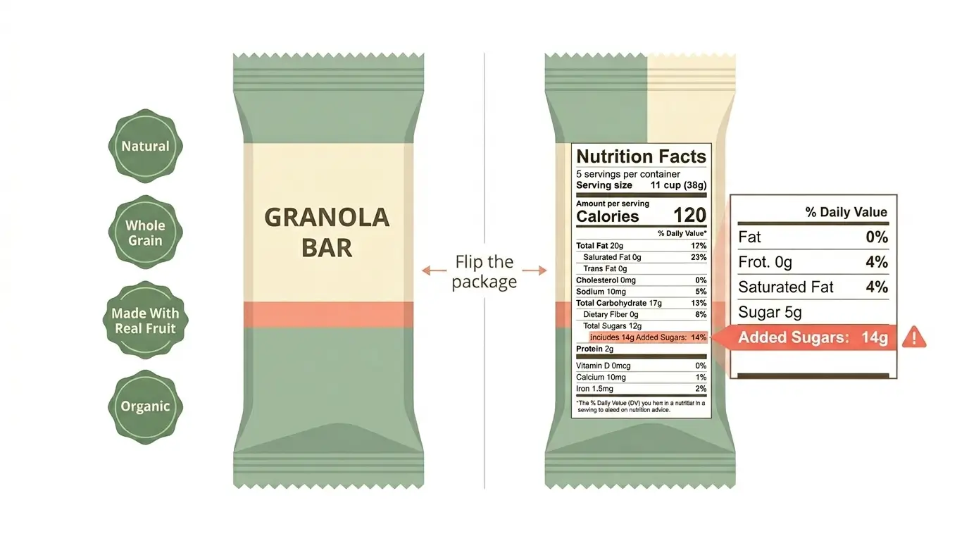 Infographic showing the front of a granola bar package with health claims next to the flipped nutrition label revealing 14 grams of added sugars