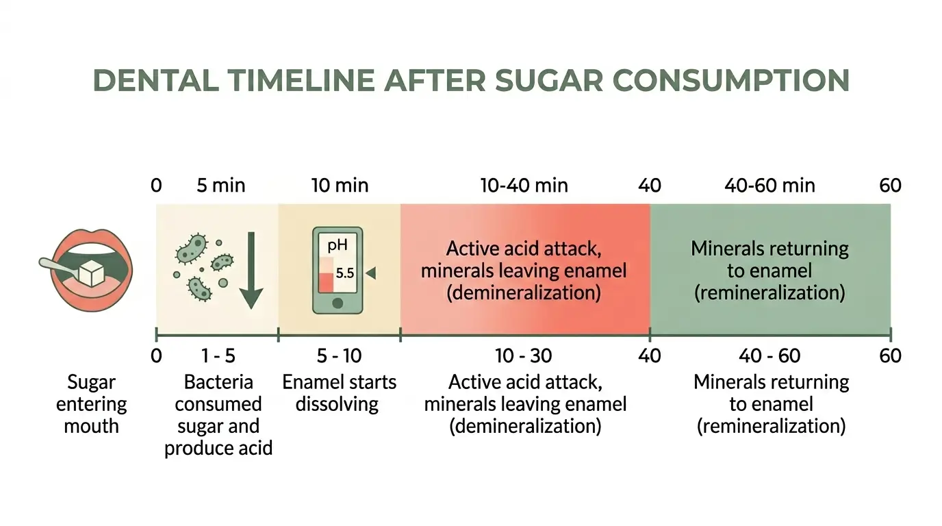 Timeline infographic showing the 40-minute acid attack cycle in the mouth after eating sugar, from demineralization to remineralization