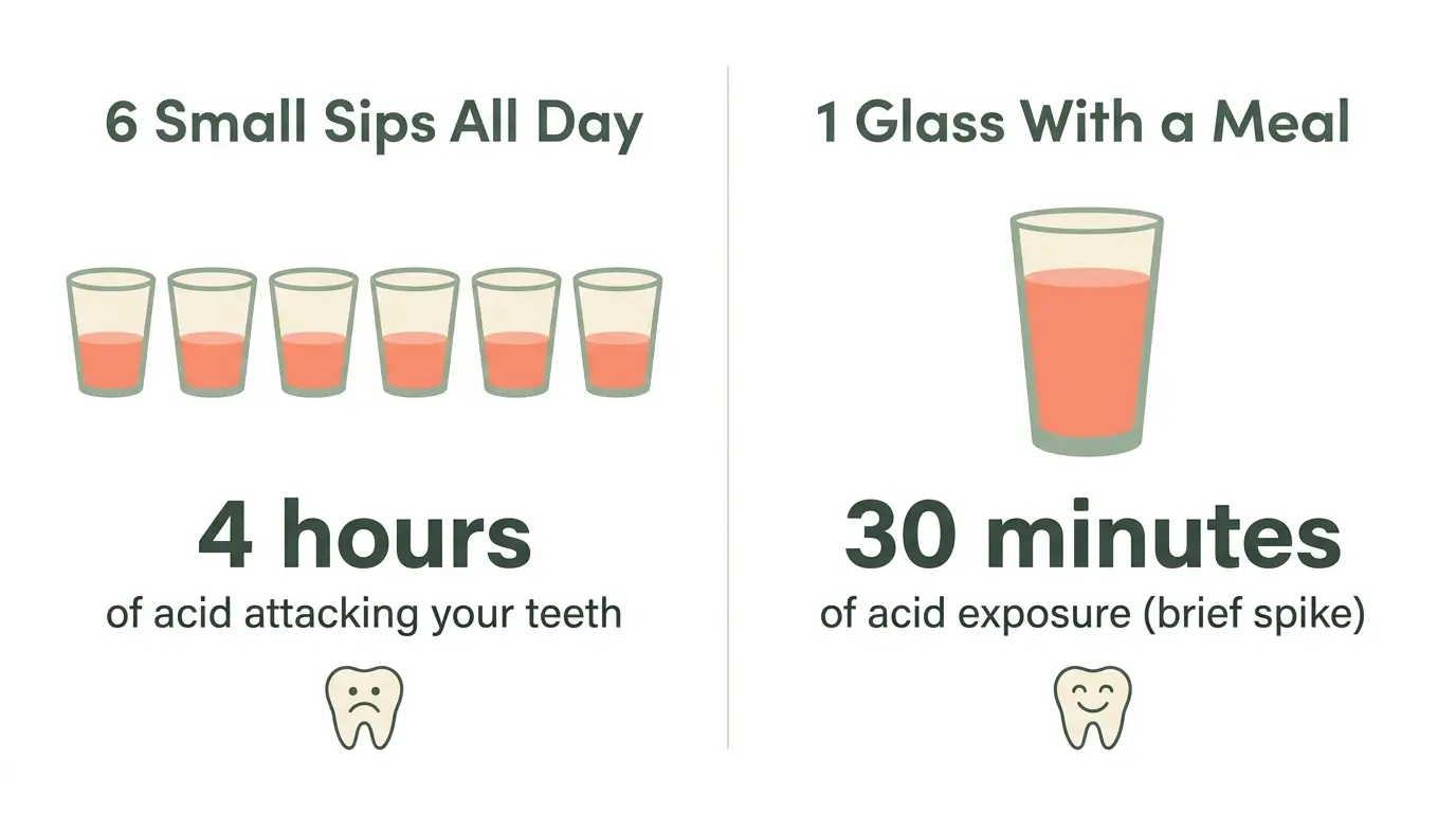 Infographic comparing 6 small sugary sips spread across the day causing 4 hours of acid attacks versus 1 glass with a meal causing only 40 minutes of acid attack, both containing the same total sugar