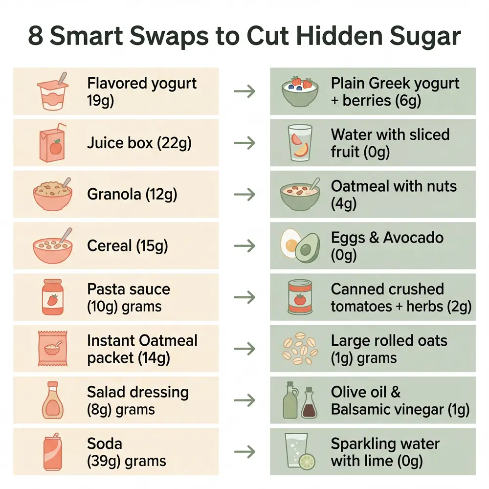 Infographic showing 8 smart food swaps to reduce hidden sugar, with sugar grams listed for each original food and its lower-sugar alternative