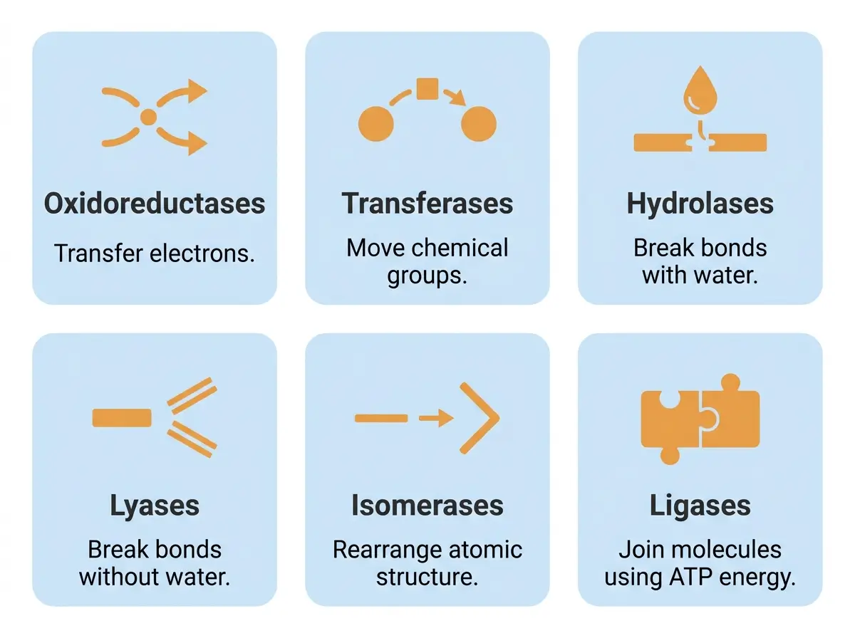 Visual chart showing the six major enzyme classes with icons representing each reaction type.