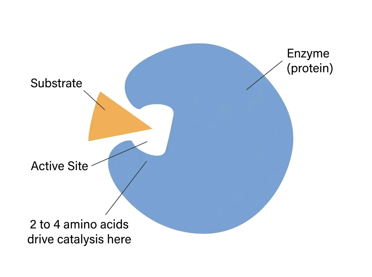 Diagram of an enzyme showing the folded protein structure, the active site pocket, and a substrate molecule fitting into it.