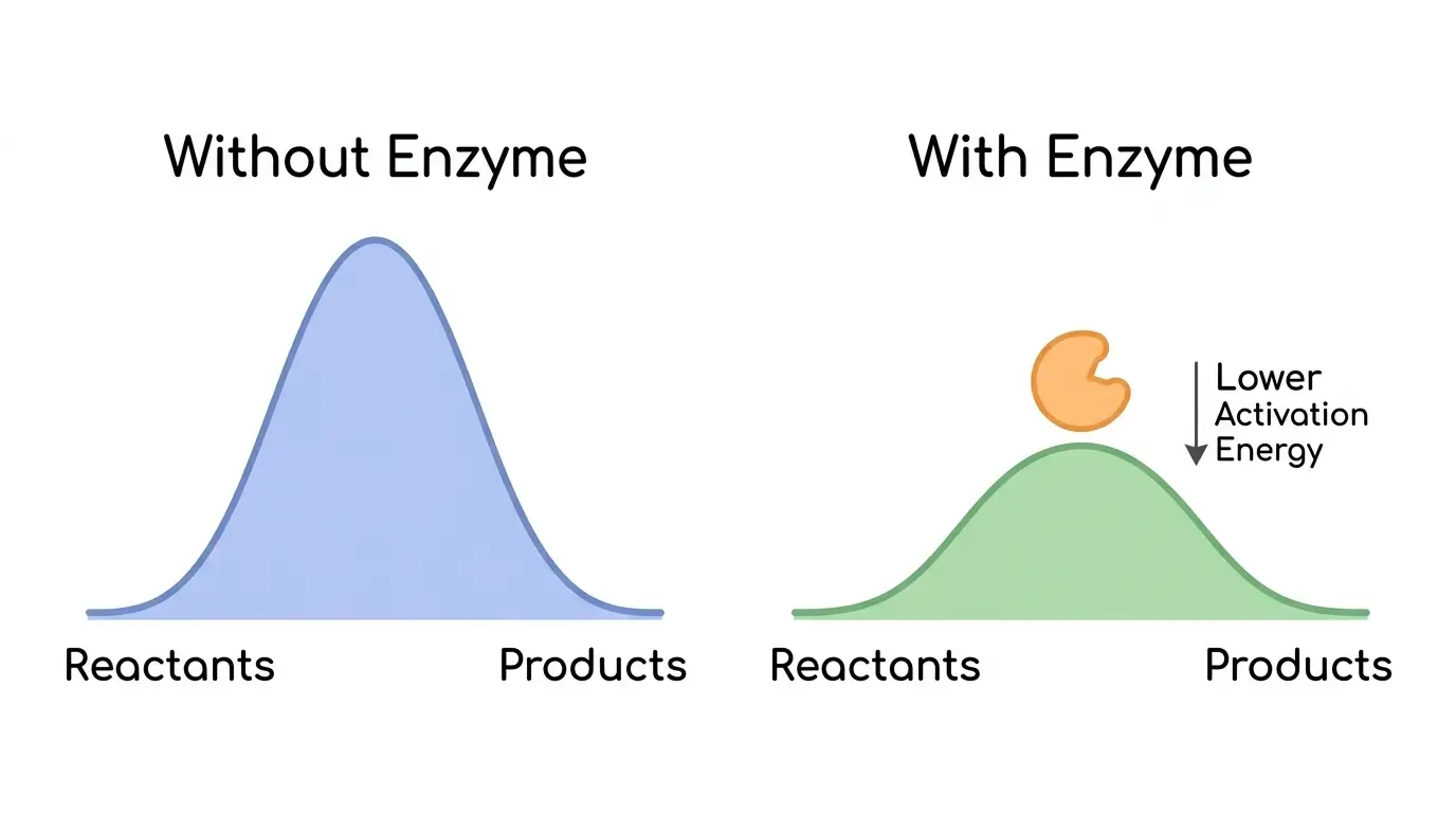 Infographic showing an enzyme speeding up a chemical reaction by lowering the activation energy barrier.