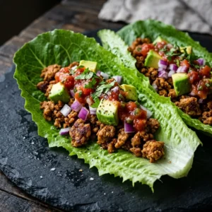 Two romaine lettuce wraps filled with seasoned ground turkey, diced avocado, and salsa on a dark plate.