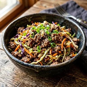 A large bowl piled high with cooked ground beef, shredded cabbage, and carrots, garnished with green onions and sesame seeds