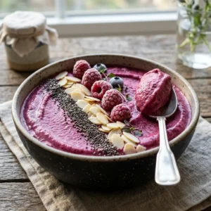 A thick, bright purple berry protein smoothie bowl topped with chia seeds and sliced almonds, with a spoon lifting a scoop.