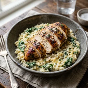 Sliced seared chicken breast served over a bowl of creamy spinach and parmesan cauliflower rice.