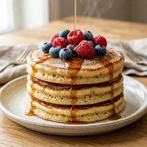 A stack of three fluffy protein pancakes topped with raspberries, blueberries, and syrup.
