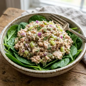 Creamy tuna salad made with Greek yogurt and fresh dill, served over a bed of green spinach in a white bowl.