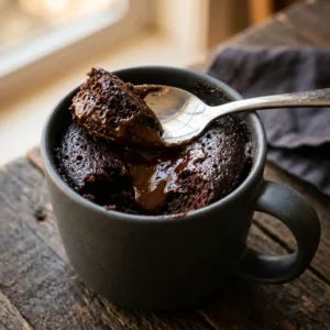A chocolate protein mug cake with a gooey melted chocolate center spilling out onto a spoon