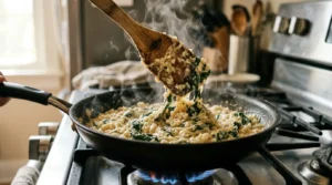 Cauliflower rice cooking in a skillet with spinach and parmesan cheese showing a thick, creamy texture.