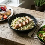 A wooden table displaying three high-protein meals including cottage cheese pancakes, chicken and cauliflower rice, and turkey lettuce wraps