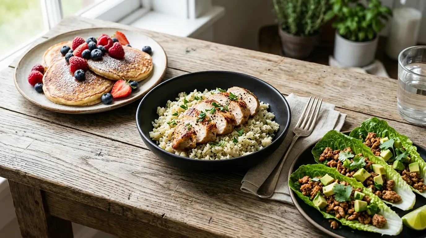 A wooden table displaying three high-protein meals including cottage cheese pancakes, chicken and cauliflower rice, and turkey lettuce wraps