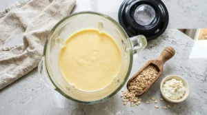 Smooth blended cottage cheese and oat pancake batter inside a glass blender pitcher.